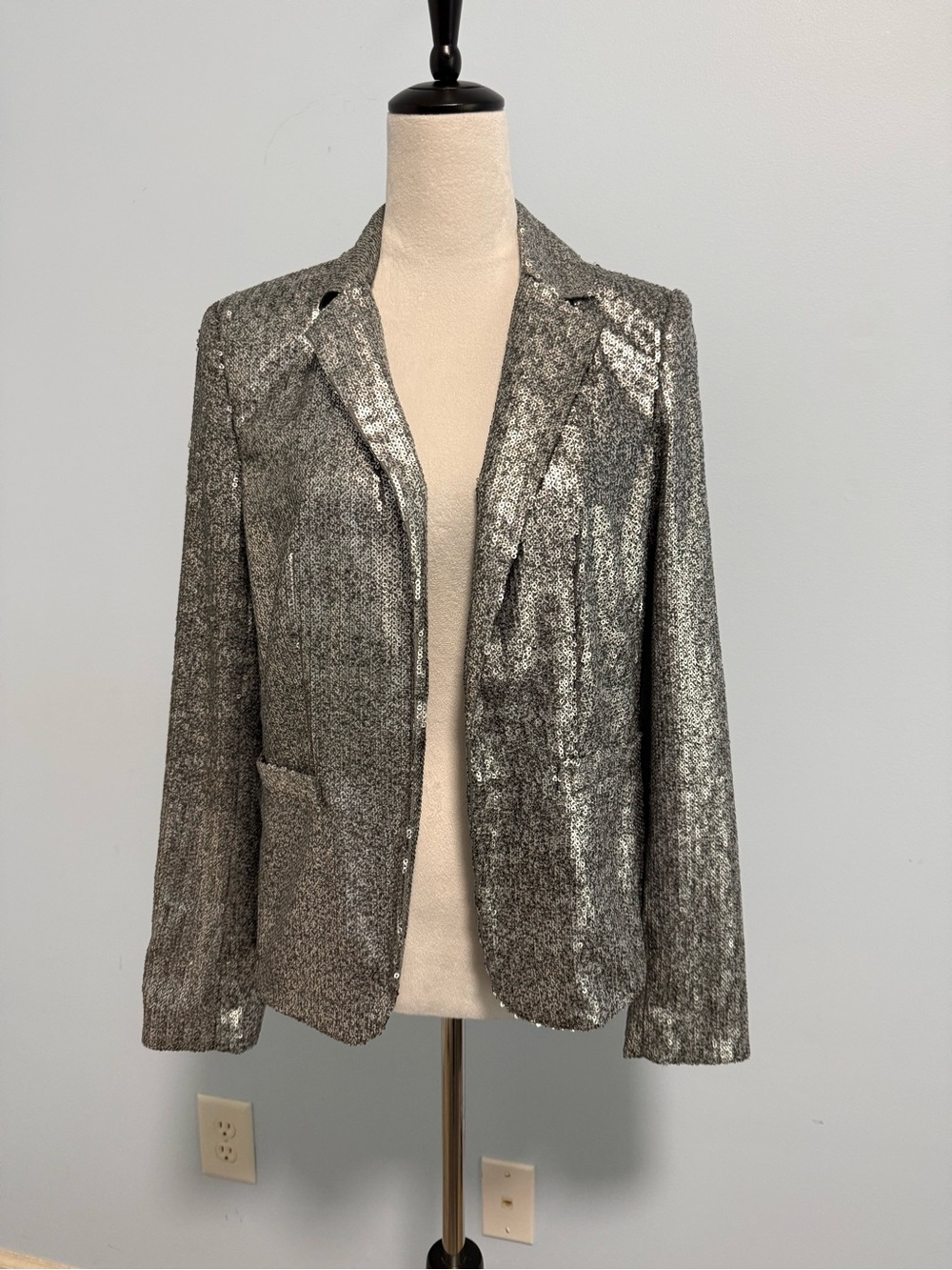 MK Michael Kors Women’s Blazer Jacket Sz 8 Sequins Classic Party Metallic Silver
